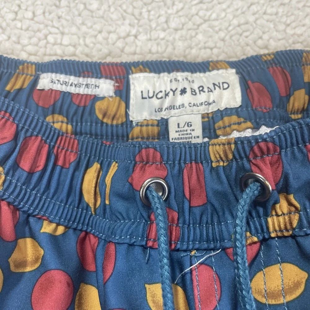Lucky Brand Swim Trunks Mens Large Blue Fruit Print Saturday‎ Stretch Shorts
